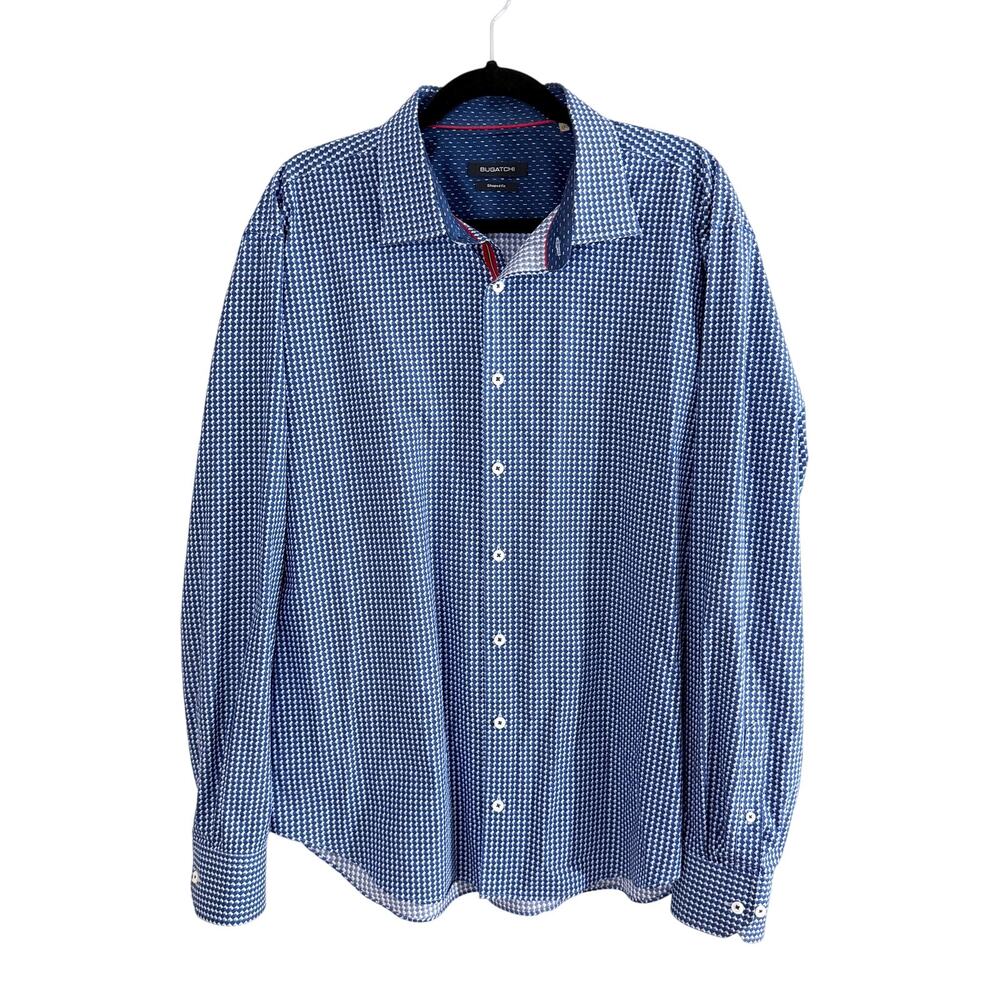 Bugatchi Blue Print Shaped Fit Long Sleeve Button Down Shirt Sz XXL 100% Cotton